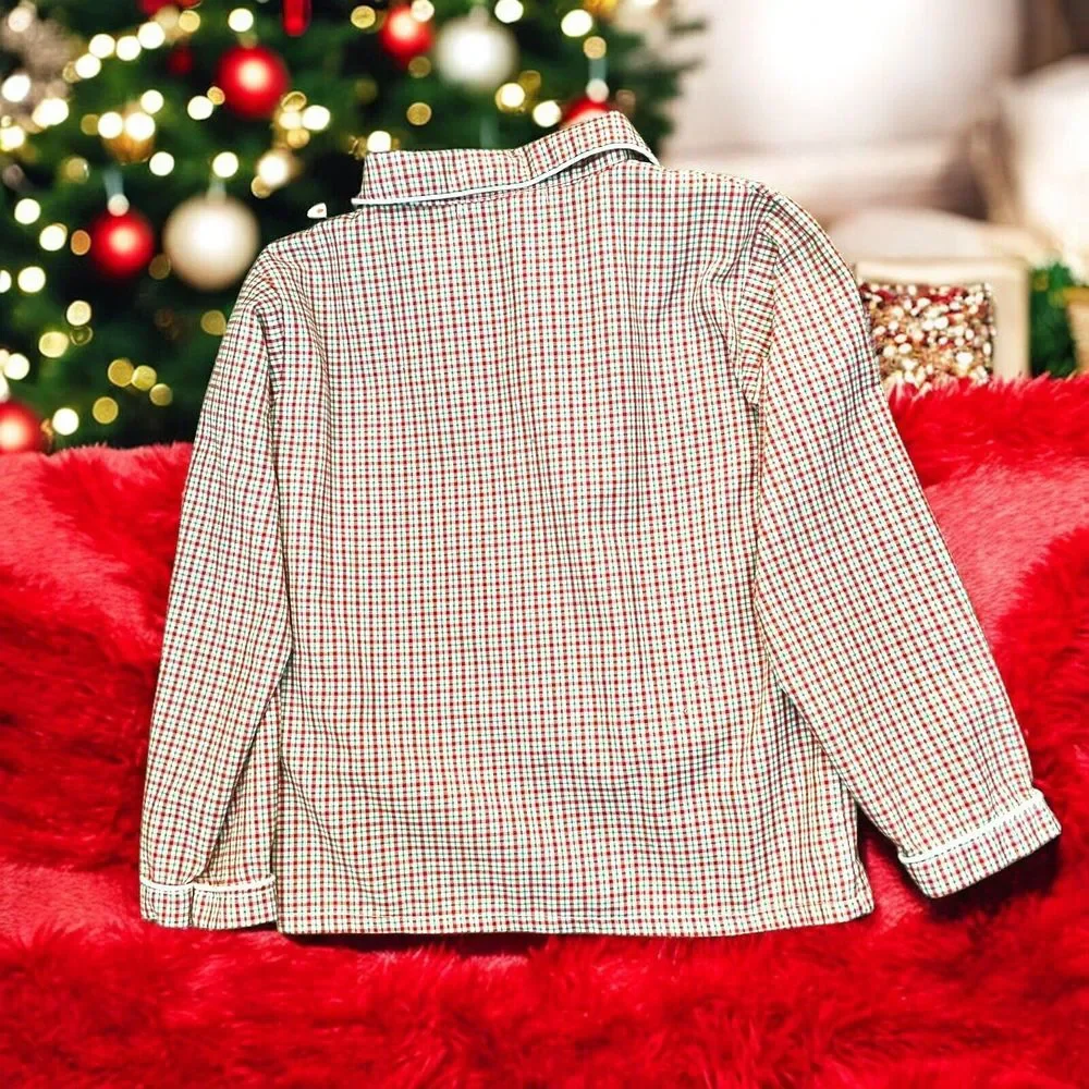 Sweet Dreams Red and White Plaid Kids Pajama Top with Santa Patch